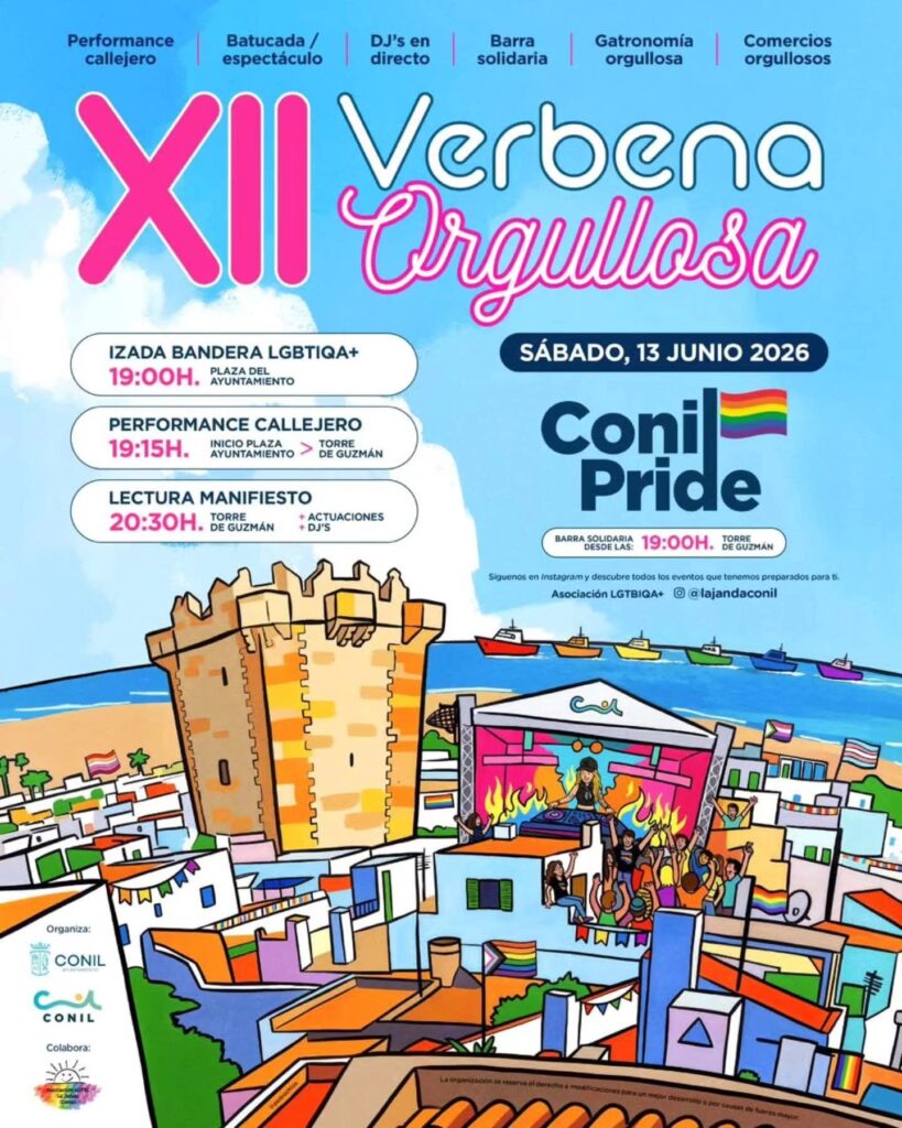 La XII Verbena Orgullosa de Conil se celebra el 13 de junio de 2026. Descubre el programa del Conil Pride 2026: performance, drag shows, batucada y mucho más en un pueblo que celebra la diversidad.